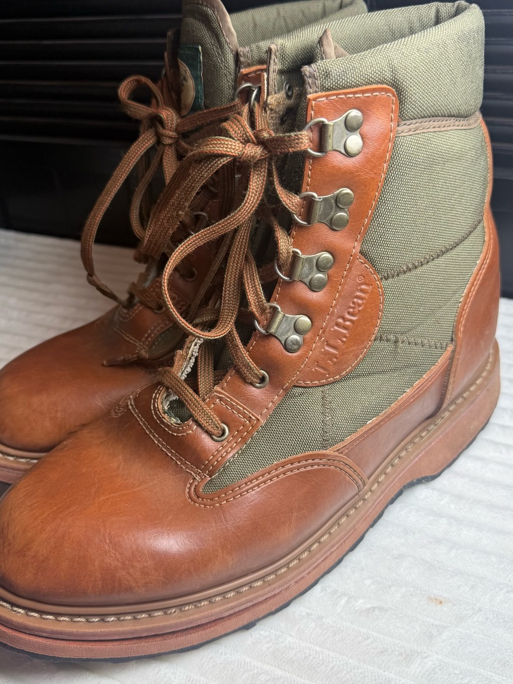 L.L. Bean Brown Leather and Olive Green Canvas Hiking Boots